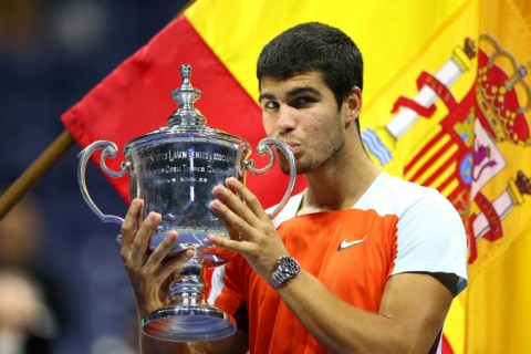 Carlos Alcaraz celebrates his US Open victory which made him the youngest world number one in history
