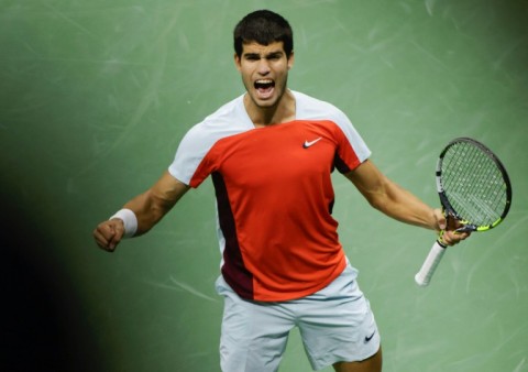 Fired-up: Carlos Alcaraz celebrates a point 