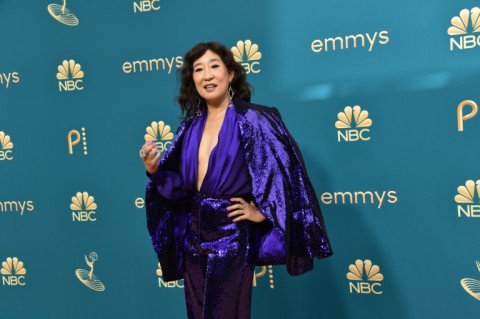 Actress Sandra Oh ("Killing Eve") rocked a metallic purple suit at the Emmys