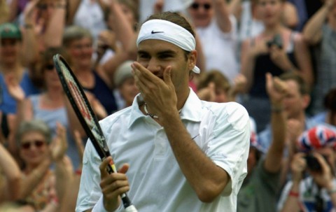 Magical moment: Roger Federer celebrates his 2001 win over Pete Sampras 