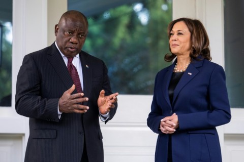 US Vice President Kamala Harris welcomes South African President Cyril Ramaphosa to her residence at the US Naval Observatory