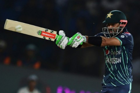 Pakistan's Mohammad Rizwan plays a shot during the first Twenty20 international cricket match between Pakistan and England at the National Cricket Stadium in Karachi on September 20, 2022