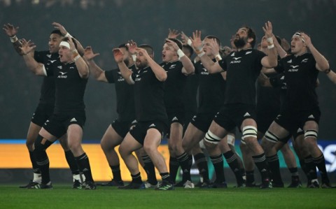 New Zealand's players perform the haka before the Rugby Championship match against Australia