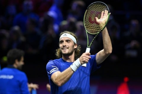 Stefanos Tsitsipas of Team Europe celebrates his win over Diego Schwartzman at the Laver Cup in London