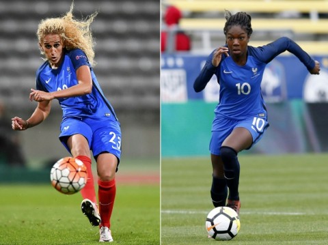France women internationals and former Paris Saint-Germain teammates Kheira Hamraoui (L) and Aminata Diallo (R)