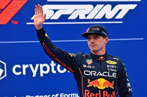 Max Verstappen celebrates his sprint win in Imola 