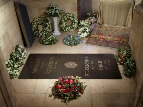 The King George VI Memorial Chapel's marker stone bears the names of the queen, Prince Philip and her parents