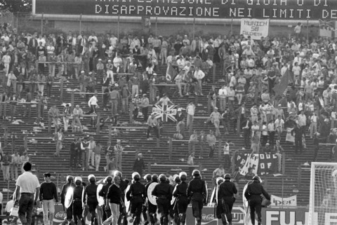 Belgium police face British fans at the Heysel stadium in Brussels