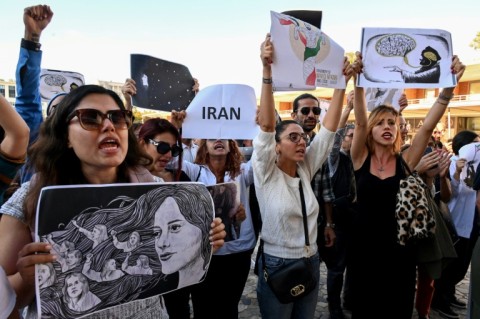 Women protesters supporting the Irani rallies, in Montpellier, southern France, on October 3, 2022