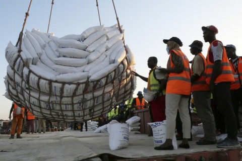 Precious cargo: A consignment of imported rice lands on Monday in Moroni