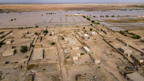 This file photo taken on August 19, 2022, shows an aerial view of the aftermath of floods in the village of Makaylab in Sudan's Nile River State
