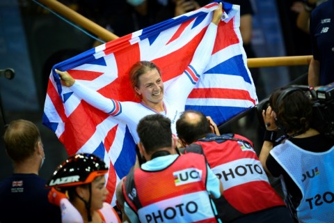 Britain's Neah Evans celebrates her first major title in the women's points race at the Track Cycling World Championships