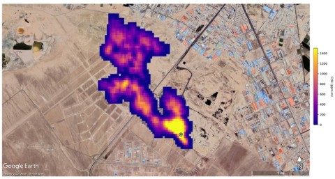 This handout satellite image from NASA/JPL-Caltech shows a methane plume at least three miles (4.8 kilometers) long coming from a major landfill south of Tehran, Iran