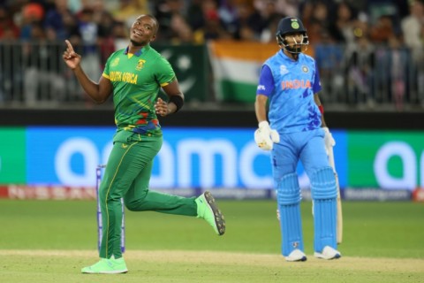 South Africa's Lungi Ngidi (L) celebrates after the dismissal of India's KL Rahul