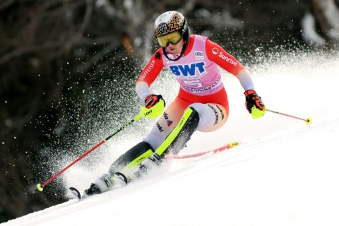 Wendy Holdener of Switzerland tied for first place with Anna Swenn-Larsson of Sweden in the women's slalom World Cup race at Killington on Sunday.