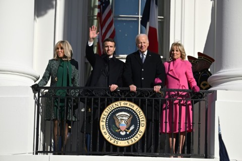 US President Joe Biden and First Lady Jill Biden welcome French President Emmanuel Macron and his wife Brigitte Macron to the White House 