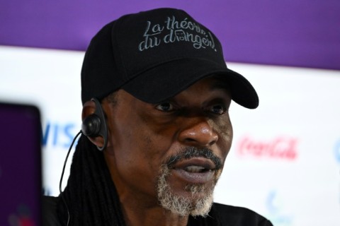Cameroon coach Rigobert Song speaking to reporters in Doha on Thursday