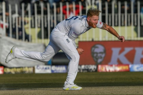 England captain Ben Stokes delivers a ball at full stretch at the Rawalpindi Cricket Stadium