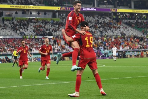 Spain midfielder Carlos Soler celebrates scoring his team's sixth goal against Costa Rica in the big rout