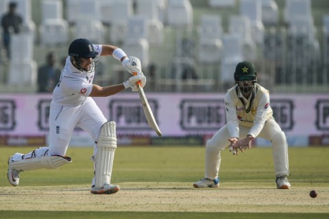 England's Liam Livingstone playing a shot during his first innings against Pakistan in Rawalpindi