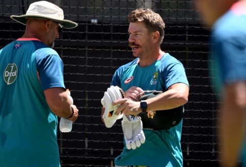 Australia's David Warner (C) training in Adelaide on Wednesday 