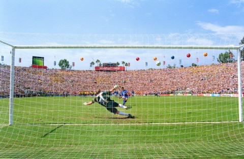Claudio Taffarel dives to his left as Roberto Baggio sends his penalty over the bar in the 1994 World Cup final