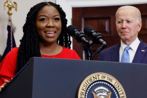 Cherelle Griner, the wife of US basketball star Brittney Griner, speaks to reporters after  President Joe Biden announced Griner's release from Russian custody