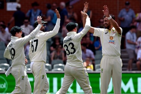 Australia's Mitchell Starc (R) celebrates after running out Tagenarine Chanderpaul of the West Indies