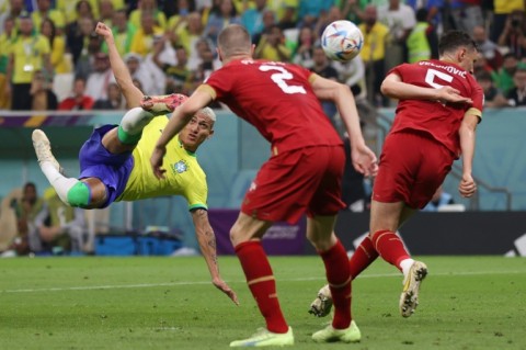 Brazil's Richarlison scores a spectacular volley the Group G game with Serbia