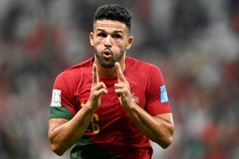 Portugal's Goncalo Ramos celebrates scoring on his full international debut in a 6-1 rout of Switzerland
