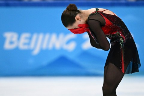 Tears of grief: Kamila Valieva reacts after her free skate routine at the Beijing Olympics