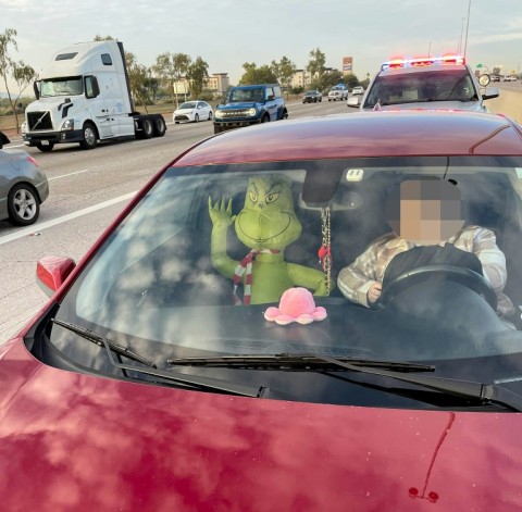 Arizona police fined a driver for using a restricted carpool lane with an inflatable Grinch in the passenger seat 