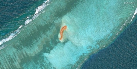 A satellite image of Eldad Reef in the Spratly Islands, where China is suspected of carrying out fresh construction