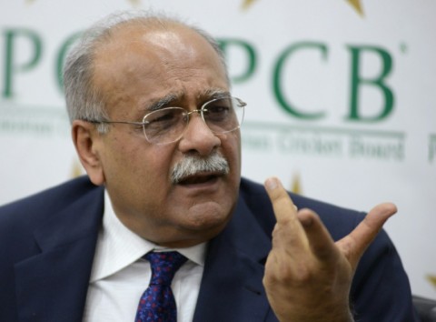Najam Sethi speaking to a press conference when he was Pakistan Cricket Board Chairman in 2017
