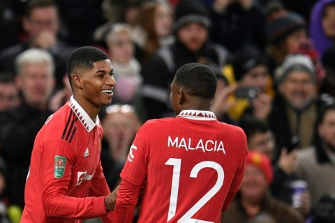 Marcus Rashford (L) celebrates after scoring during this week's League Cup win over Burnley
