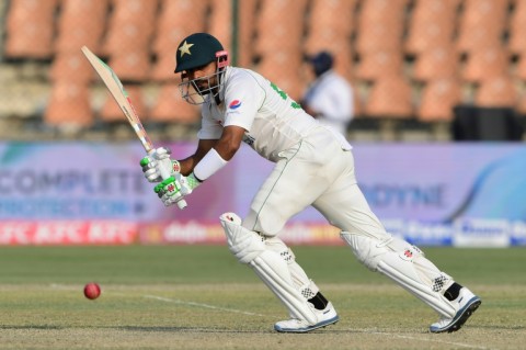 Pakistan's captain Babar Azam plays a shot during the first day of the first cricket Test match against New Zealand in Karachi