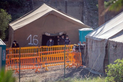 The migrants who died were reportedly trying to reach Las Palmas in the Canary Islands, where a temporary migrant camp set up by the Spanish army is pictured in November 2020