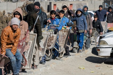Afghan boys and men line up with wheelbarrows to receive food aid in Kabul, where the Taliban have banned women from working with NGOs