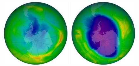 The size and shape of the ozone hole -- dark blue and purple area -- over the Antarctic region in 1979 (L) and in 2009 on the day when the hole was largest. 
