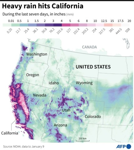 Map showing rainfall in California over the last seven days, with data from NOAA to January 9
