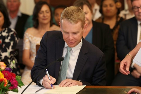 New Zealand's new Prime Minister Chris Hipkins is sworn at The Government House in Wellington