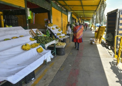 Vegetable and fruit stalls sit almost empty at a market in the Andean city of Arequipa, Peru on January 25, 2023
