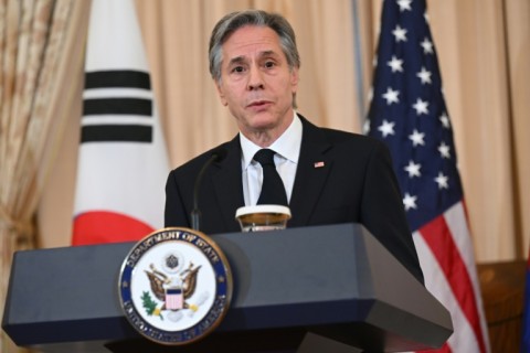 US Secretary of State Antony Blinken addresses reporters after scrapping a trip to China