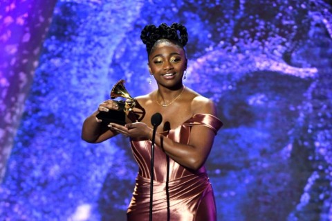 US jazz singer Samara Joy accepts the Grammy for Best Jazz Vocal Album 
