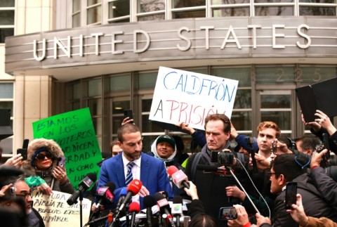 Attorney Cesar de Castro speaking to the media after a verdict was announced at the courthouse where the trial of former Mexican Secretary of Public Security Genaro Garcia Luna was held, in Brooklyn, New York City on February 21, 2023