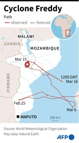 Map of Mozambique and Malawi tracking the course of Cyclone Freddy and its expected route in the next 24 hours