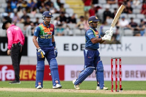 Sri Lanka's Perera Kusal (R) celebrates his half century against New Zealand in Sunday's Twenty-20 international at Auckland's Eden Park