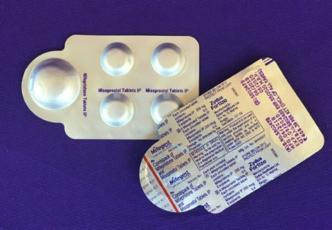 A combination pack of mifepristone (L) and misoprostol tablets, two medicines used together to cause an abortion