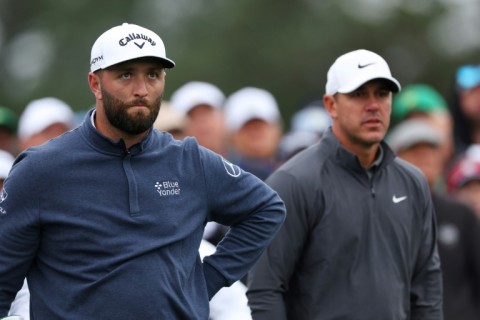Spain's third-ranked Jon Rahm, left, and four-time major winner Brooks Koepka of the United States looked set for a final-round Masters duel
