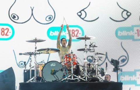 Drummer Travis Barker from Blink-182 performs during the first week-end of Coachella Valley Music and Arts Festival in Indio, California, on April 14, 2023